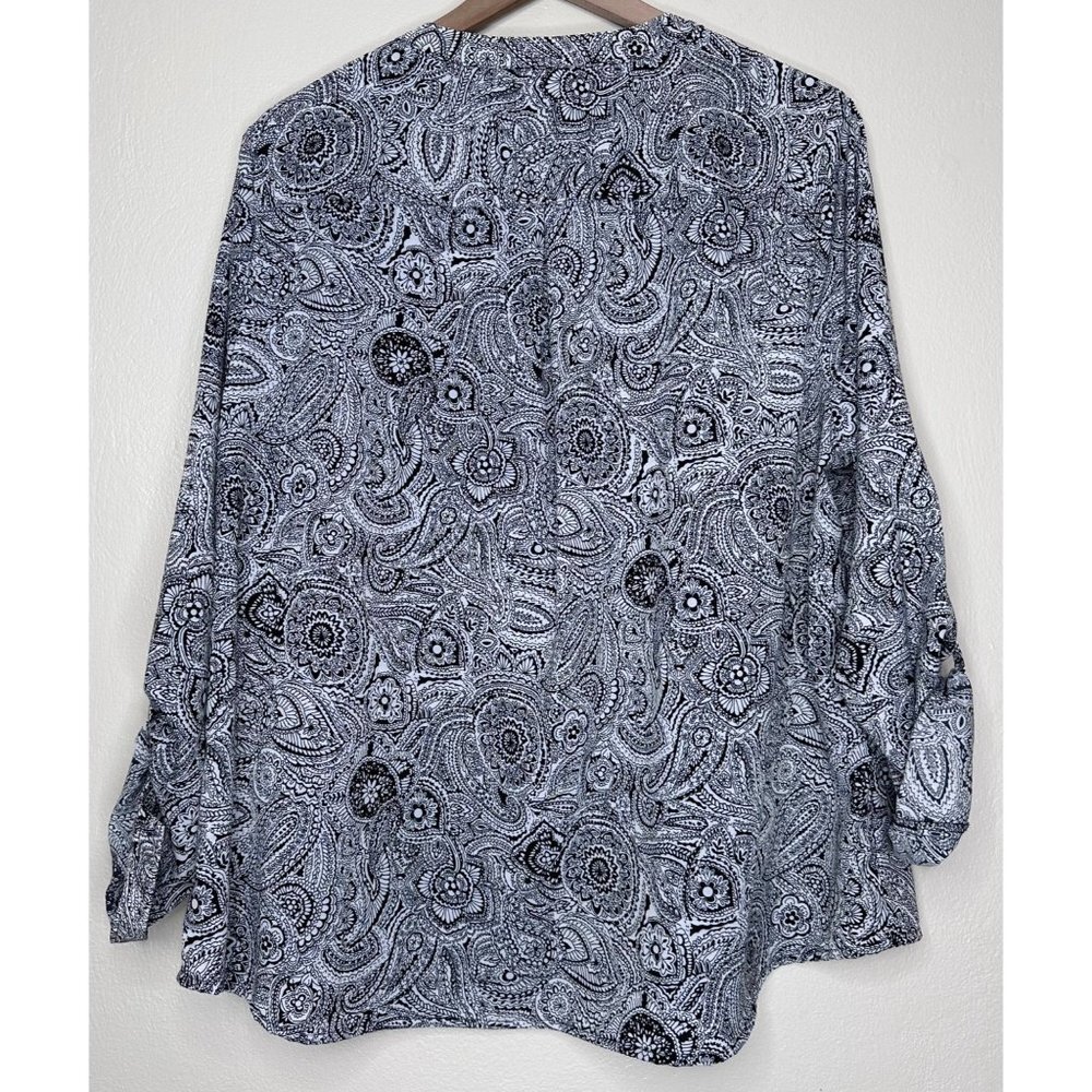 Notations Black White Paisley Long Tab Sleeve Blouse Women Size 2X - Picture 4 of 9